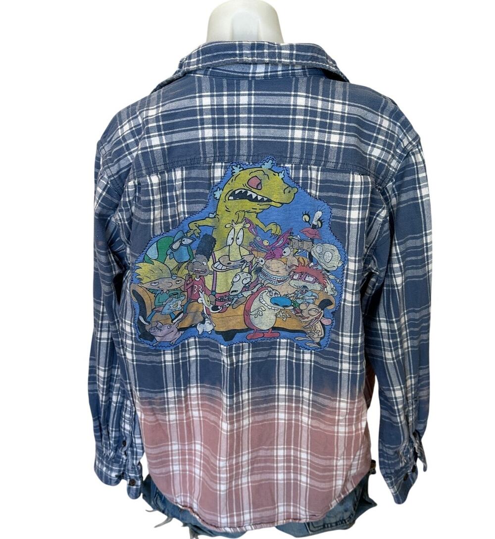 Nickelodeon 90s Cartoon Flannel Plaid Shirt LARGE Oversized Unique Ren Stimpy